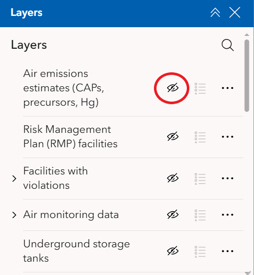 Select layers to display map tool screenshot