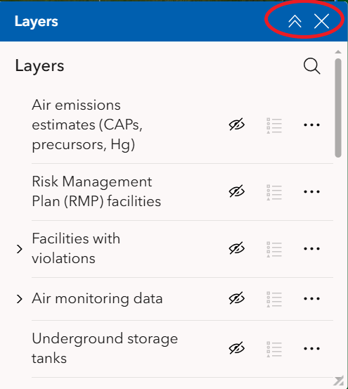 Close or minimize the layers list map tool screenshot